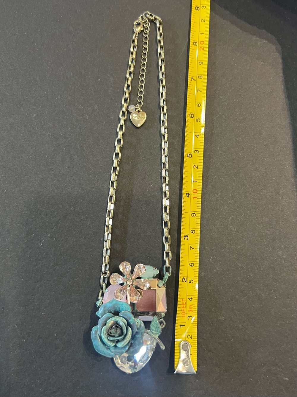 Betsey Johnson Metal Turquoise-Patina Rose and Crystal Drop Pendant Necklace - Picture 5 of 8